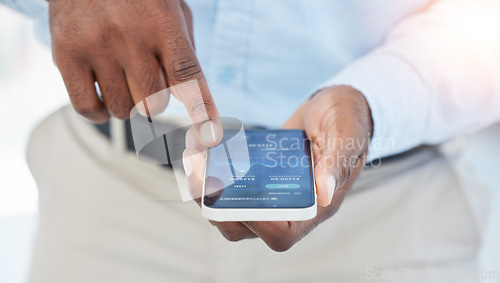 Image of Hands, finance or businessman trading on a phone in stock market or cryptocurrency website in office. Screen, data analysis closeup or financial investor checking online for savings investment growth