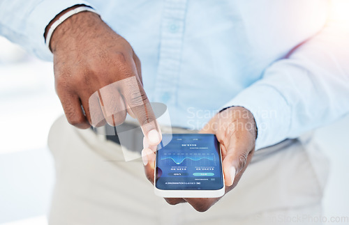 Image of Hands, phone or businessman trading on stock market, fintech app or cryptocurrency website in office. Screen, data analysis closeup or financial trader checking online for savings investment growth