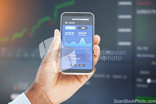 Image of Hand, phone screen or businessman trading on stock market, fintech app or cryptocurrency website. Ux homepage, data analysis closeup or financial trader checking online for savings investment growth