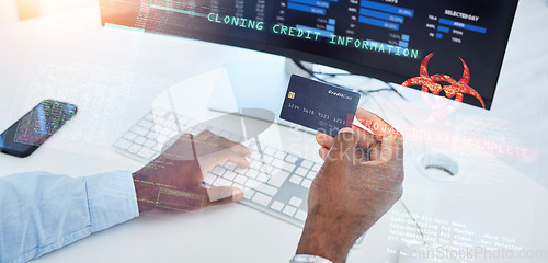 Image of Credit card, hands or trader typing on computer for stock market or cryptocurrency website for payment. Digital info, password or closed of man trading online for savings investment growth on screen