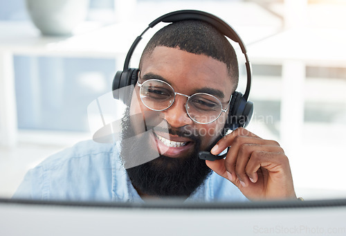 Image of Call center, customer service and salesman talking on call for insurance advice in office for online telemarketing. Smile, contact us and man employee discussion for sales, communication or support