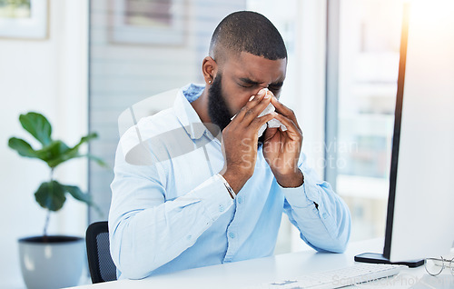 Image of Allergy, blowing nose or sick businessman in office or worker with hay fever sneezing or illness in workplace. Sneeze, black man or trader with toilet paper tissue, virus or flu disease at desk