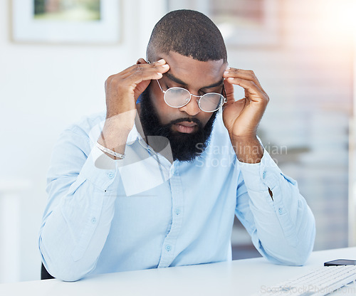 Image of Stress, burnout or tired businessman with headache overwhelmed by problems, mistake or failure. Stock market crash, glasses or frustrated black man trader overworked in office with fatigue or failure