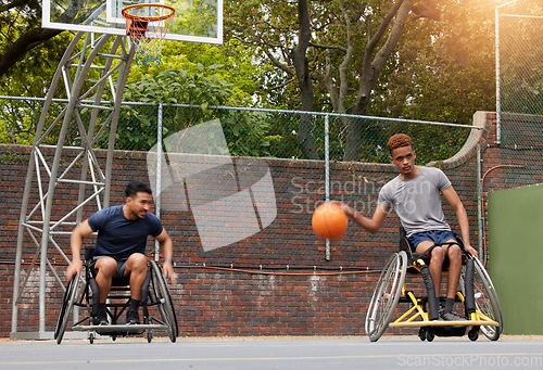 Image of Sports, basketball court and men in wheelchair for training, exercise and workout on outdoor park. Fitness, team and male people with disability with ball playing for competition, practice and games