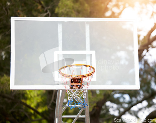 Image of Sports, basketball and target with net on court for training, goals and competition. Games, club and fitness with fabric hoop in playground stadium for champion, challenge and winner tournament