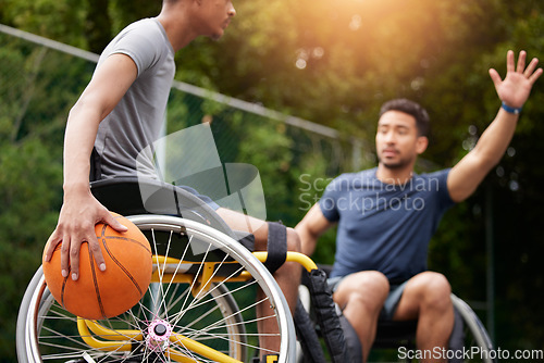 Image of Sports game, wheelchair basketball player and people playing match competition, challenge or practice skills. Outdoor action, opponent and fitness athlete with disability, training and exercise