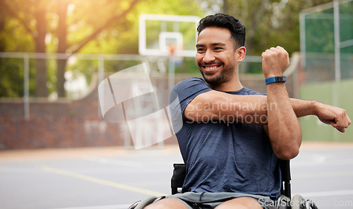 Image of Stretching and wheelchair user with man on basketball court for training, challenge and competition. Fitness, health and sports warm up with person with a disability for workout, game and start