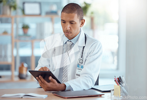 Image of Man, doctor and digital tablet for hospital schedule, surgery planning and healthcare help. Biracial person, medical and professional on technology for test results and prescription medicine research