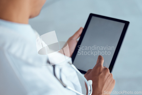 Image of Person hands, doctor and tablet screen for hospital schedule, surgery planning or healthcare mockup. Digital, technology or mock up space for information on medical aid, prescription or test results