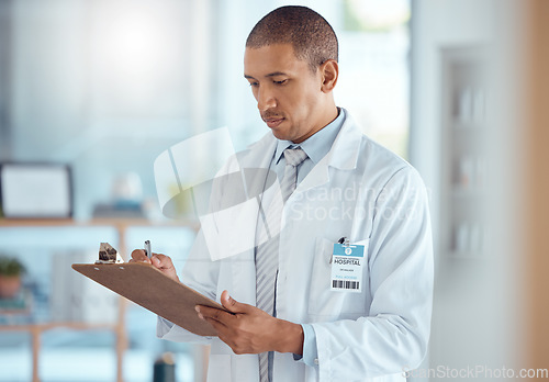 Image of Man, doctor and clipboard writing for hospital schedule, surgery planning and healthcare checklist. Biracial person, paper and documents for life insurance information, medical aid and prescription