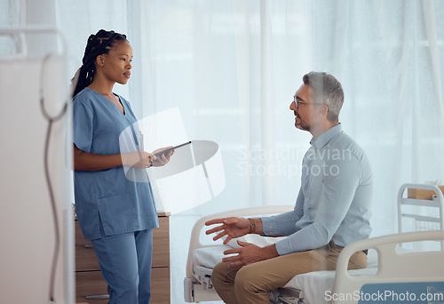 Image of Man, talking or nurse in consultation in hospital speaking, listening or talking about medical problem. Question, explain or doctor in healthcare clinic helping or nursing a sick person for support