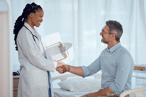 Image of Doctor, happy patient and people shaking hands for hospital agreement, checkup success or healthy exam results. Clinic nurse, medicine expert and surgeon welcome, thank you and handshake with client