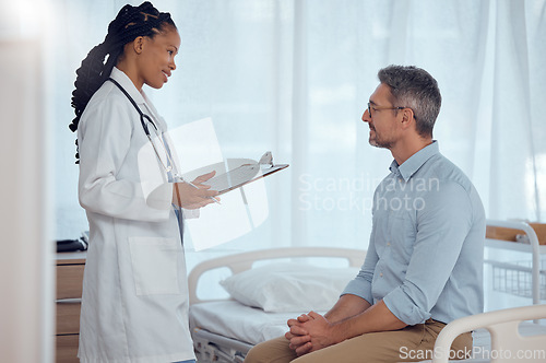 Image of Doctor results, patient and happy people consulting in hospital consultation, medical checkup or healthcare assessment. Clinic nurse, medicine professional and expert surgeon talking with client