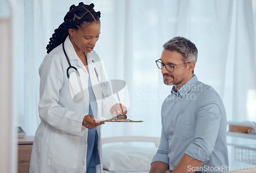 Image of Doctor, patient and people with clipboard results in hospital consultation, medical checkup or healthcare exam diagnosis. Nurse, clinic assessment and professional surgeon show client health test