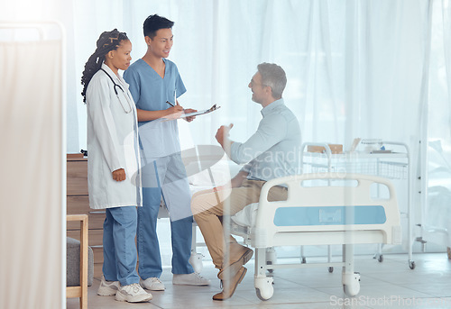 Image of Doctors, nurse and healthcare people consulting, advice or consultation with patient on medical checkup, exam or health services. Surgeon, assessment and clinic staff support, wellness or medicare