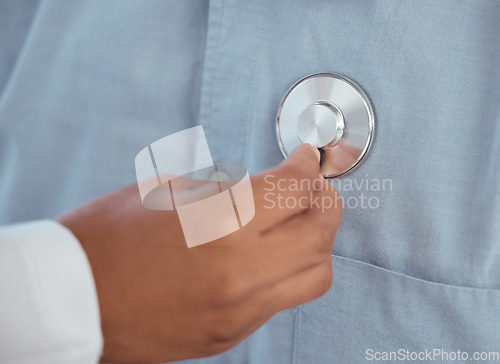 Image of Doctor, hands and stethoscope on patient for chest heartbeat, healthcare services or cardiology assessment in clinic. Closeup of medical worker listening to heart, lungs or breathing test in hospital