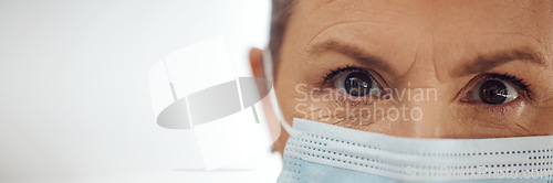 Image of Doctor, portrait and woman with mask, mockup banner and safety in healthcare in hospital on white background. Ppe, face and eyes of medical professional, rules and compliance working in clinic space.