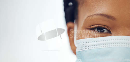 Image of Doctor, portrait and black woman with mask, mockup banner and safety in healthcare on white background. Ppe, face and eyes of medical professional, hospital rules and compliance work in clinic space.