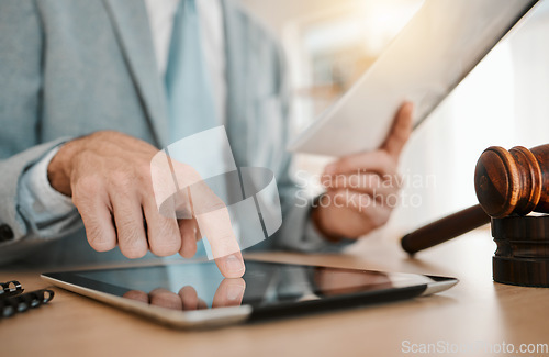 Image of Lawyer, hand and tablet for document research, fingerprint biometric or access online law firm database. Advocate, closeup attorney or person scroll on government info, court policy or legal contract