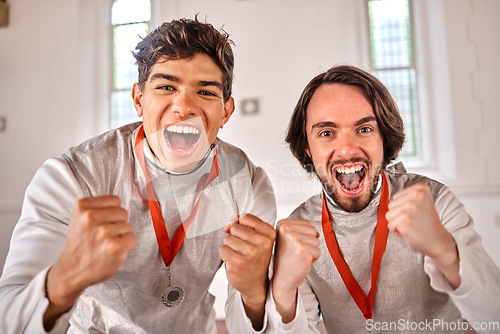 Image of Team, portrait or men winning a medal for a fighting competition, challenge or sports match. Fencing winners, faces or excited athletes celebrate with reward, victory or prize for games or tournament