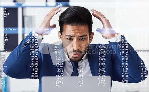 Image of Data, laptop and business man stress over stock market crash, 404 software fail or IPO investment problem. Crypto trading overlay, financial loss data and studio person frustrated on white background