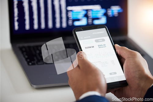 Image of Hands, phone or businessman trading on stock market, fintech app or cryptocurrency savings on laptop. Closeup of financial trader, technology and screen for data analysis, growth and stocks dashboard