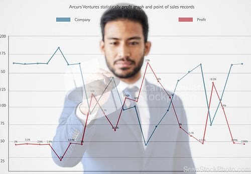 Image of Chart, studio or business man writing financial statistics overlay, sales insight or investment data, line graph or analytics. Revenue analysis, company profit or corporate person on white background