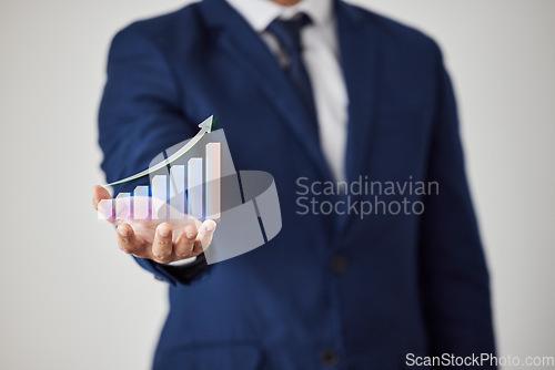 Image of Chart, palm hand and business person with stock exchange data, economy growth insight or financial investment increase. Trading revenue, holographic graph arrow and studio broker on white background