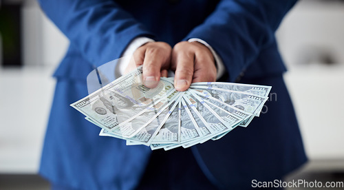 Image of Hands, businessman and money fan of dollars for finance, trading bills and investment reward of financial freedom. Closeup of rich trader, profit and income of bonus, pay cash or accounting of wealth