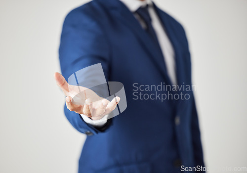 Image of Palm hand, studio and business person presentation of mockup space, corporate advertising or agency services promotion. Logo design, sales commercial info and professional agent on white background