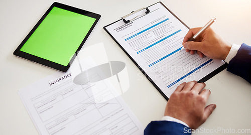 Image of Tablet, documents and green screen with hands of lawyer for life insurance, information and policy. Technology, signature and agreement with closeup of person for writing, planning and application