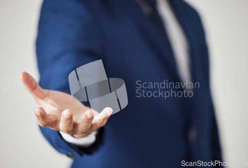 Image of Palm hand, studio and business person presentation of company mockup space, corporate offer or agency services promotion. Opportunity, branding and professional consultant on white background