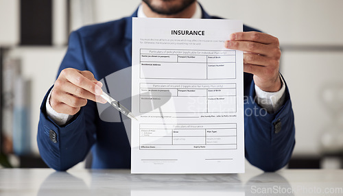 Image of Insurance, signature and documents with hands of lawyer for offer, contract and review. Advisor, attorney and advocate with closeup of business man in office for legal paperwork, deal and information