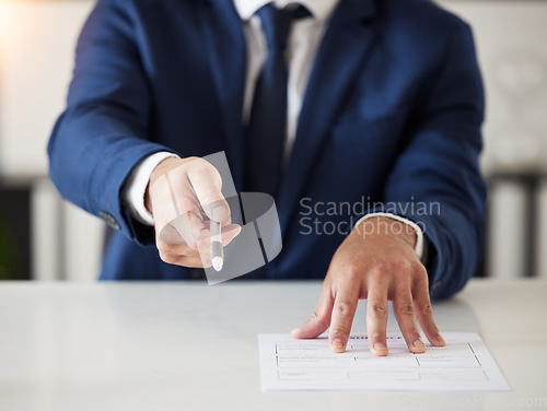 Image of Insurance, offer and documents with hands of lawyer for signature, contract and review. Advisor, attorney and advocate with closeup of business man in office for legal paperwork, deal and information