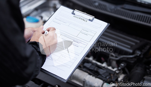 Image of Car insurance, hands and man writing on documents for compliance, maintenance and engine control. Vehicle, inspection and male mechanic with paper form for information or checklist, claim or note