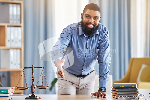 Image of Lawyer, portrait and man offer handshake for networking, consulting advice and legal deal in law firm. Happy african attorney, trust and shaking hands for welcome, support and constitution agreement