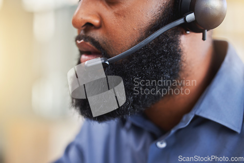 Image of Business man, mouth and call center, consultant or advisor talking, virtual communication or technical support. Insurance agent or person speaking on headphones, helping and customer service closeup