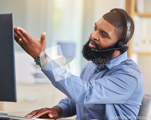 Image of Call center, customer support and frustrated black man on computer for network error, mistake and problem. Telemarketing, business and male consultant online for communication, crm help and contact