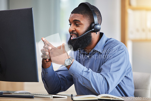 Image of Business man, call center and computer for virtual communication, e commerce and customer service. Online agent, sales advisor and African person speaking, helping or online solution or telecom offer