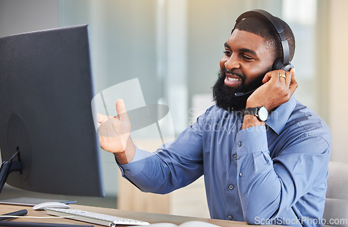 Image of Call center, computer and happy man, consultant or agent speaking, advice and customer services or business support. Online sales, financial advisor or african person communication, contact us or FAQ