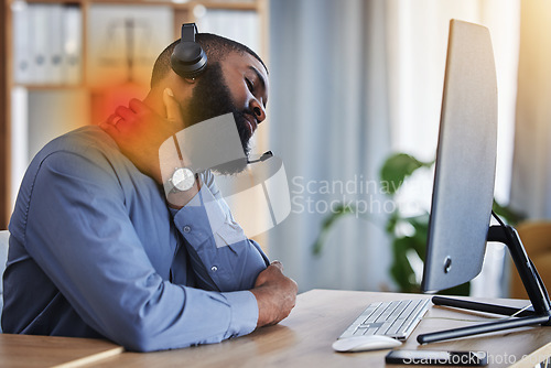 Image of Call center, customer support and black man with neck pain, injury and muscle strain at desk. Telemarketing, business and male consultant with inflammation for communication, crm help and contact