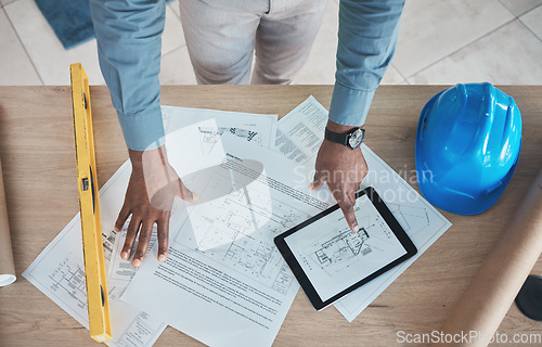 Image of Engineering, person hands and blueprint planning, construction design or renovation on tablet above. Architecture paper, floor plan and project management sketch or drawing tools with digital screen