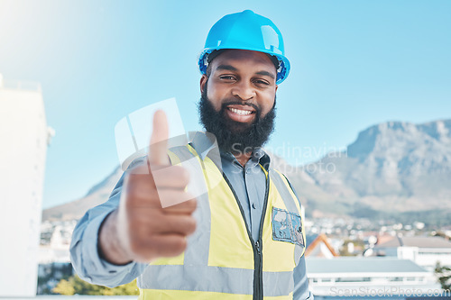 Image of Man, architecture portrait and thumbs up for city development, construction goals and like, yes or support sign. Engineering person, worker or contractor success, safety gear and ok or good job emoji