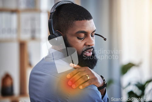 Image of Call center, customer support and black man with shoulder pain, injury and muscle strain at desk. Telemarketing, crm business and male consultant with inflammation for stress, posture and overworked
