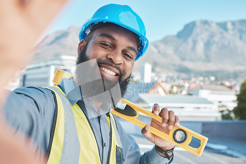 Image of Construction, worker and selfie portrait of man in city for building project, labor and civil engineering. Face of happy african architect, photograph and ruler for property development in Cape Town