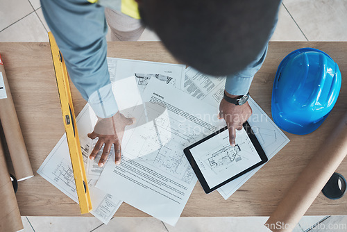 Image of Engineering, person hands and tablet blueprint, construction planning or renovation design on tablet above. Architecture paper, floor plan and project management sketch or drawing on digital screen