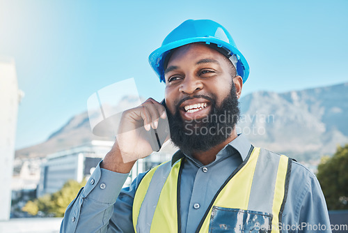 Image of Happy, man and phone call for construction in city with civil engineering, building industry and renovation. Face of african male architect talking on smartphone for discussion of project management