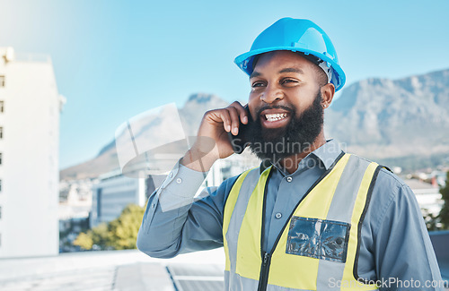 Image of Man, construction worker and phone call in city for civil engineering, building industry or renovation. Face of happy african male architect talking on smartphone for discussion of project management