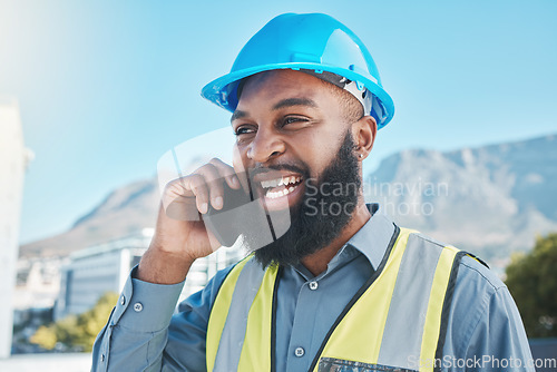 Image of Man, construction and worker with phone call in city for civil engineering, building site and industry. Face of happy african male architect, manager or talking on smartphone for property development