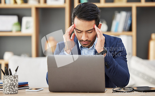 Image of Headache, stress and laptop with business man for fatigue, anxiety and burnout. Mental health, tired and frustrated with male employee and migraine pain in office for mistake, glitch and problem